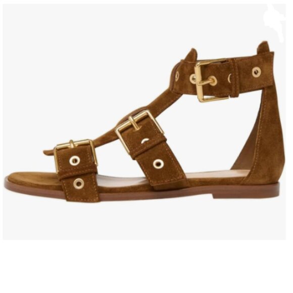 FSJ Brown Open Toe Fisherman Gladiator Flat Three Buckle Strap Roman Stud Sandal - Picture 1 of 8
